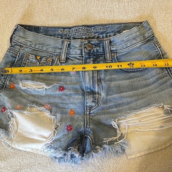 American Eagle Outfitters Distressed Blue Jean Shorts with Floral Embroidery - Picture 13 of 13